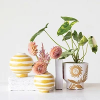 Hello Honey® 5.25" Yellow & White Striped Stoneware Vase with Sphere Shape & Footed Base