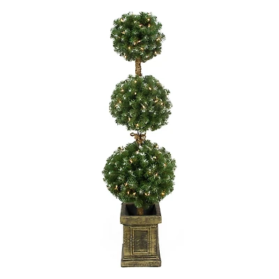 4.5ft. Pre-Lit Frosted Triple Ball Topiary Tree in Decorative Pot with Clear Lights