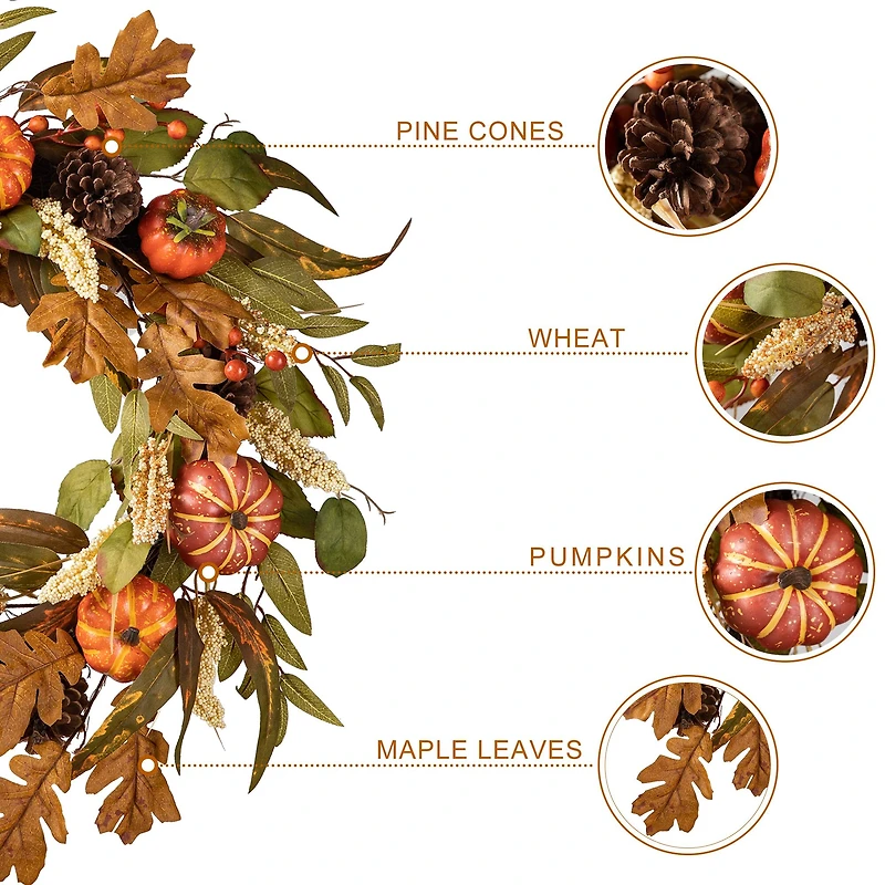 Glitzhome® 24" Fall Pumpkin Leaf Floral Wreath