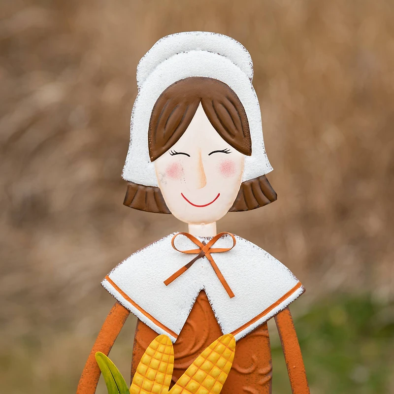 Glitzhome® 36" Metal Thanksgiving Pilgrim Girl Standing Or Hanging Yard Stake
