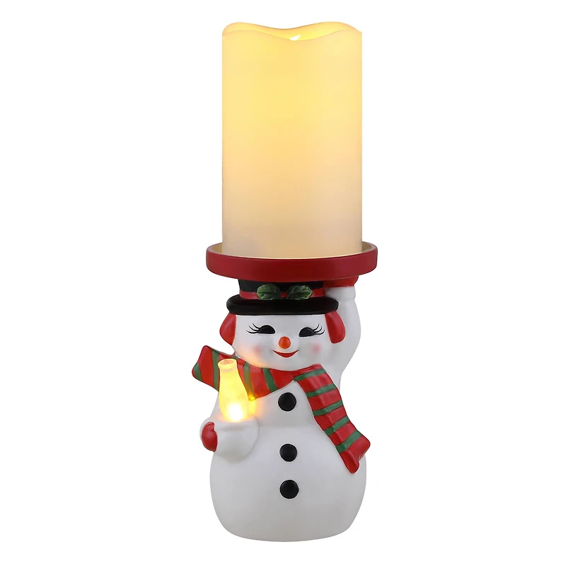 6" Snowman Ceramic LED Lit Candle Holder & Flameless Candle