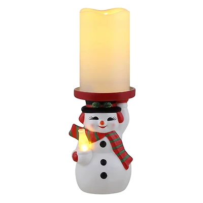 6" Snowman Ceramic LED Lit Candle Holder & Flameless Candle