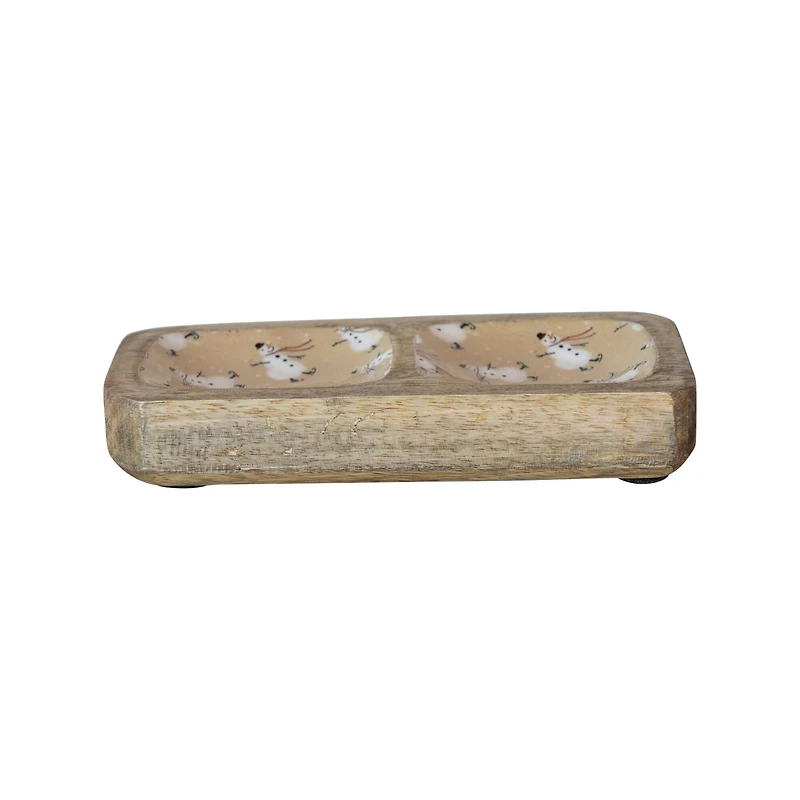 Hello Honey® 8" Snowman Double Compartment Enameled Mango Wood Tray