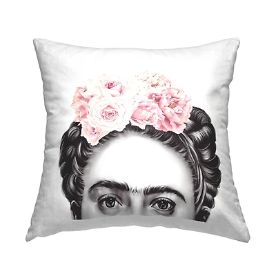 Stupell Industries Frida With Pink Roses Powerful Full Eyed Portrait Throw Pillow 18" x 18"