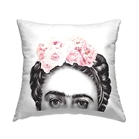 Stupell Industries Frida With Pink Roses Powerful Full Eyed Portrait Throw Pillow 18" x 18"