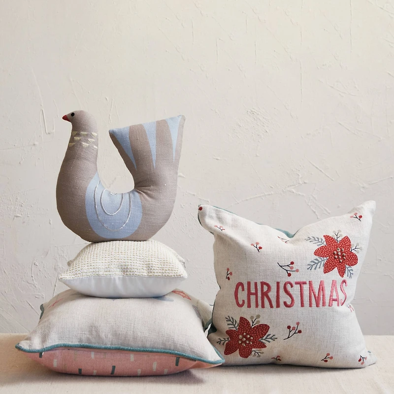 Hello Honey® 18" Poinsettia Christmas & Ornament Linen Blend Pillow Set