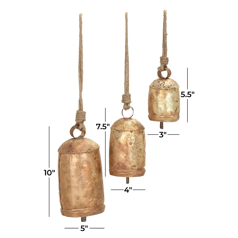 Gold Metal Rustic Decorative Cow Bell, Set of 3" 22", 18", 12"