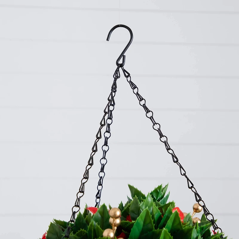 24in. Pre-Lit UV Resistant Artificial Red Tip Photinia & Gold Berries Christmas Hanging Basket with 34 Warm White LED Lights (Indoor/Outdoor)