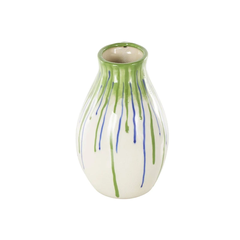 11" White, Green & Blue Drip Design Ceramic Vase with Handle