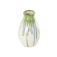 11" White, Green & Blue Drip Design Ceramic Vase with Handle