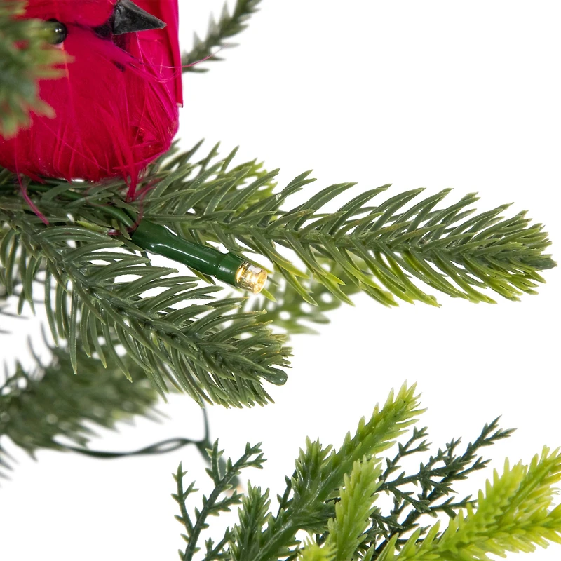 2ft. Pre-Lit Potted Mixed Pine, Berry & Cardinals Christmas Tree, Warm White LED Lights