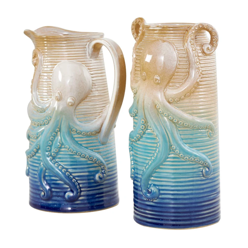 Blue Ombre Ceramic Octopus Vase Set