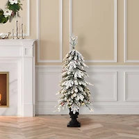 4ft. Pre-Lit Flocked Red Berry Fir Artificial Christmas Porch Tree in Urn, White Lights