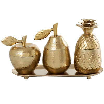 Golden Aluminum Fruit Jars with Matching Leaf Tray Décor Set