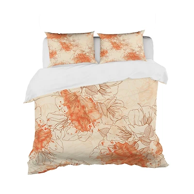 Designart 'Handdrawn Asian Flowers with Orange Watercolor' Floral Bedding Set