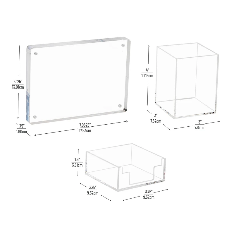 Mind Reader 3-Piece Desk Organizer Set, Pen Holder, Photo Frame and Sticky Note Tray, Acrylic, Clear