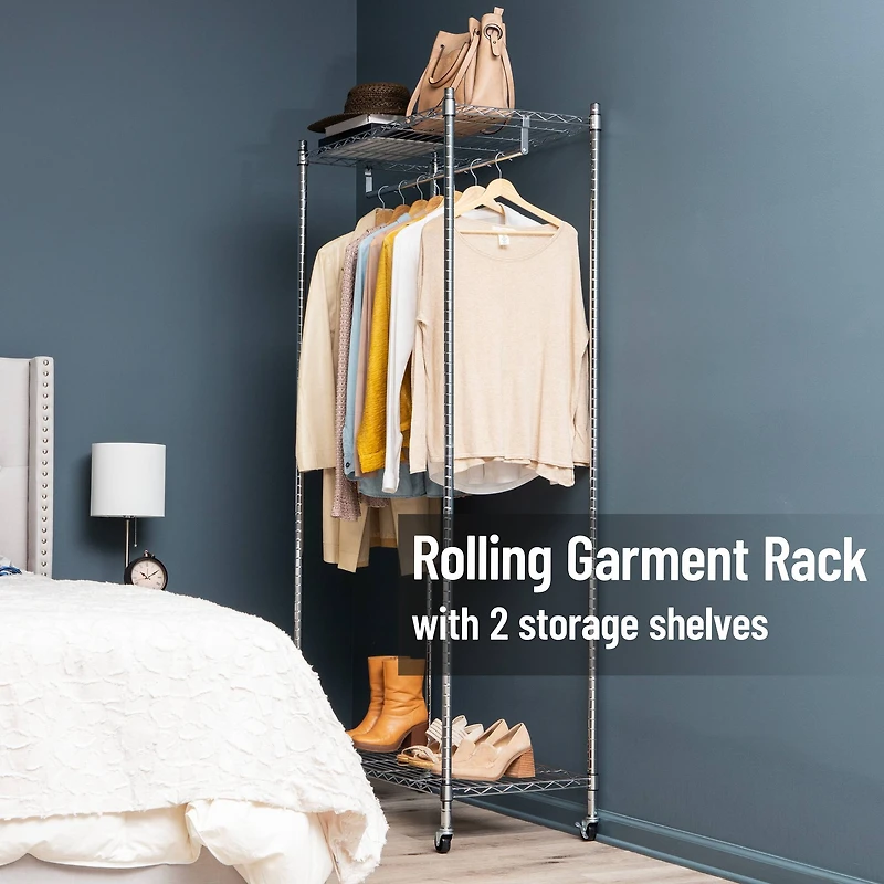Mind Reader Heavy Duty Rolling Garment Rack with Adjustable Bar, Chrome