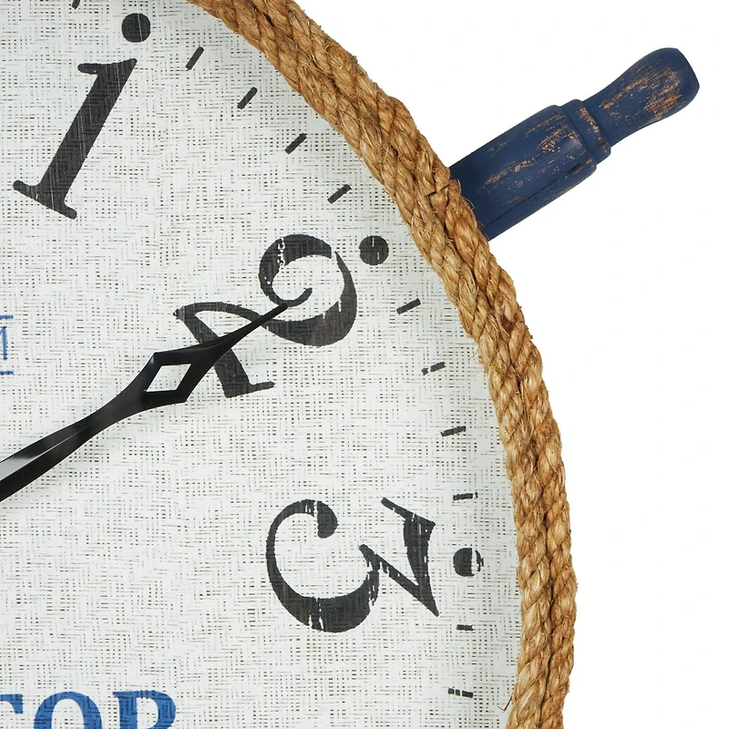 33" White & Blue Wood & Rope Ship Wheel Decorative Wall Clock