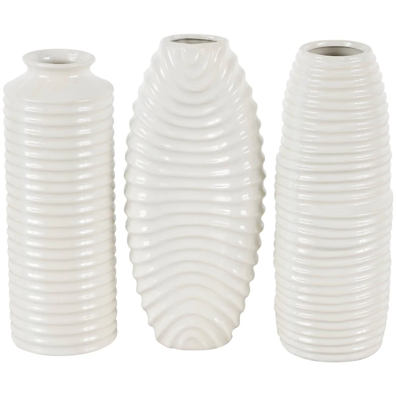White Ceramic Dimensional Ribbed Vase with Varying Shapes Set