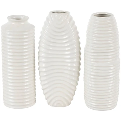 White Ceramic Dimensional Ribbed Vase with Varying Shapes Set