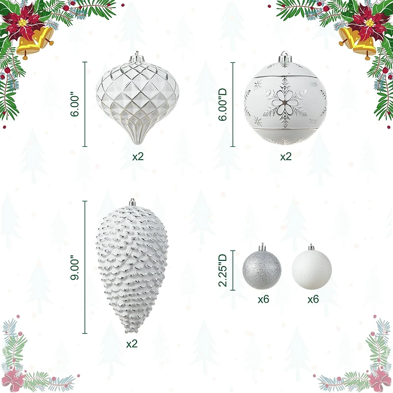 Glitzhome® 18 Pack Elegant Silver Deluxe Large Shatterproof Ornaments