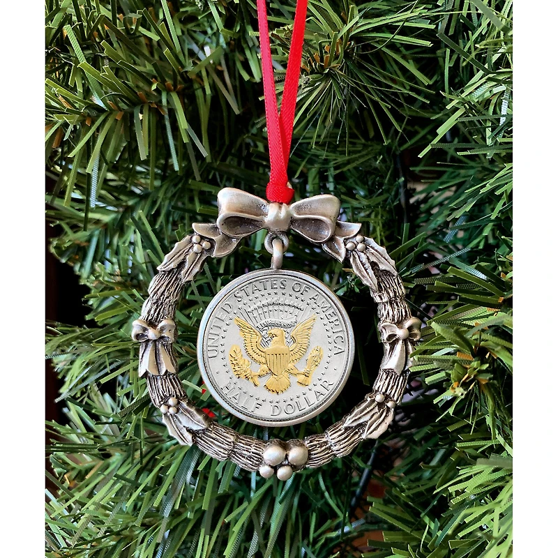 Presidential Seal 2-Tone JFK Half Dollar Wreath Ornament