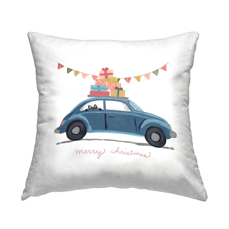 Stupell Industries Blue Merry Christmas Car Peeking Cat Gifts Throw Pillow