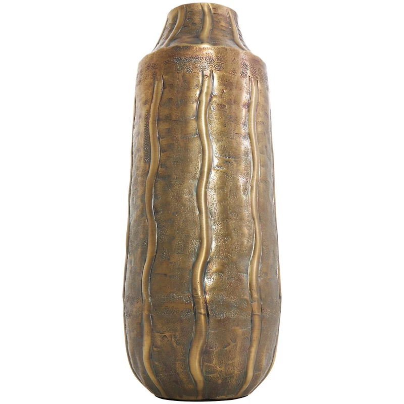 14" Brass Metal Snakeskin Inspired Vase with Dimensional Wavy Accents
