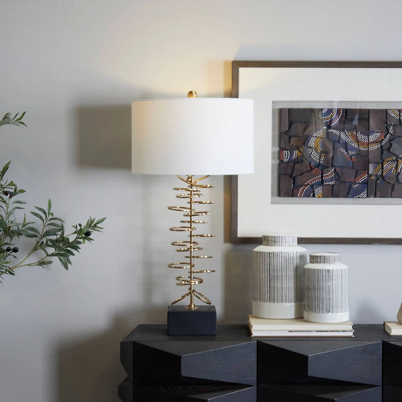 Gold Metal Gold Stacked Ring Table Lamp with Drum Shade 15" x 15" x 30"