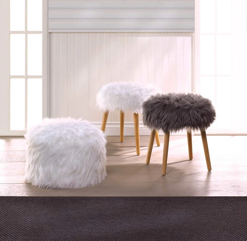 12" Fuzzy White Ottoman Pouf