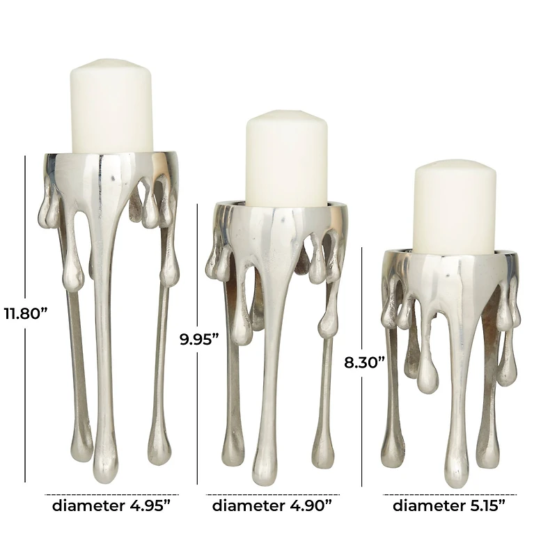 Silver Aluminum Contemporary Candle Holder, Set of 3" 12", 10", 8"