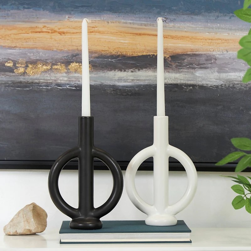 CosmoLiving by Cosmopolitan 10" Black & White Ceramic Geometric Ring Taper Candle Holder Set