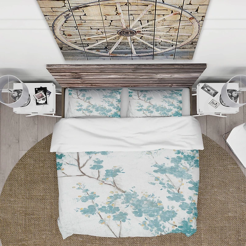 Designart 'Teal Cherry Blossoms II' Farmhouse Bedding Set
