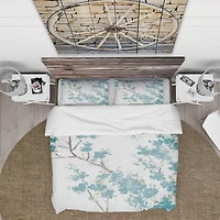 Designart 'Teal Cherry Blossoms II' Farmhouse Bedding Set