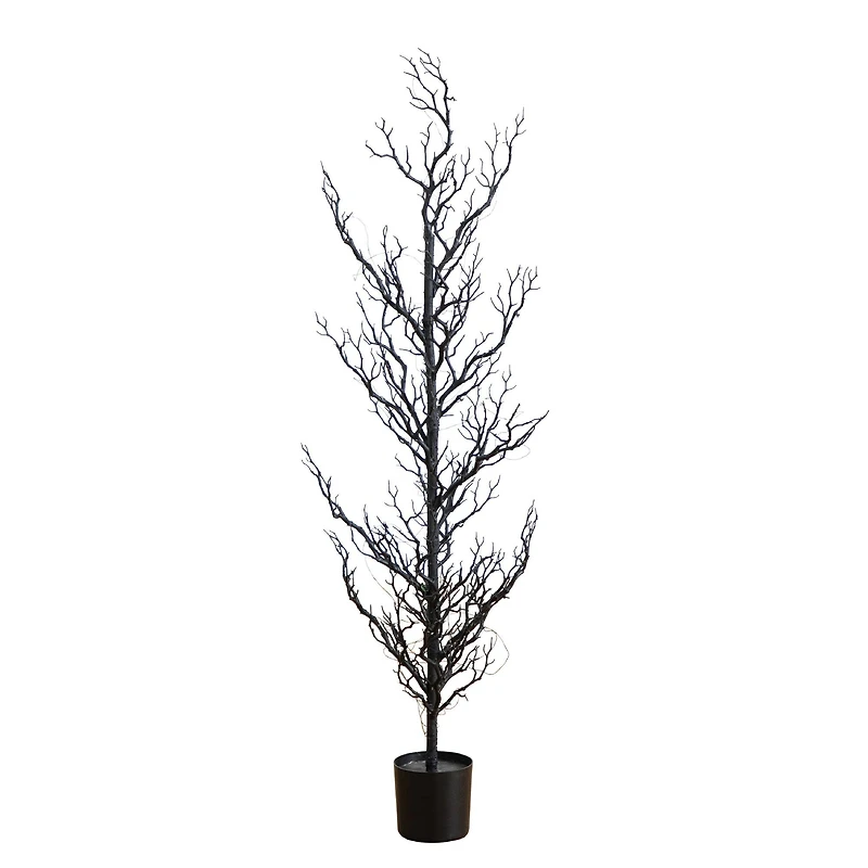 4ft. Pre-Lit Artificial Halloween Black Spooky Twig Tree with 160 Orange & Purple Copper Wire String LED Lights