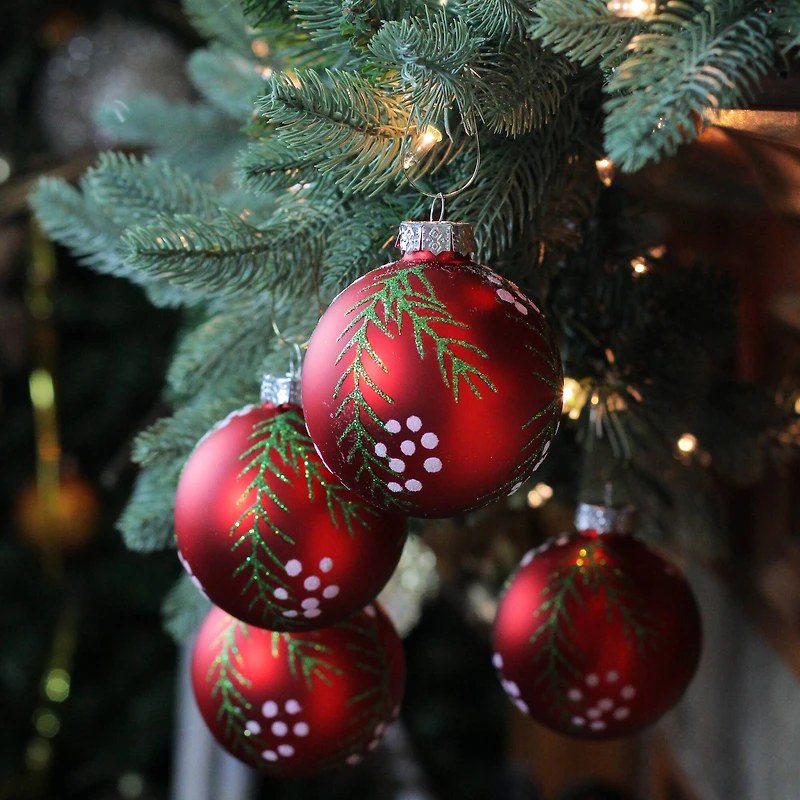 4ct. Matte Red with Pine Needles Glass Christmas Ball Ornaments
