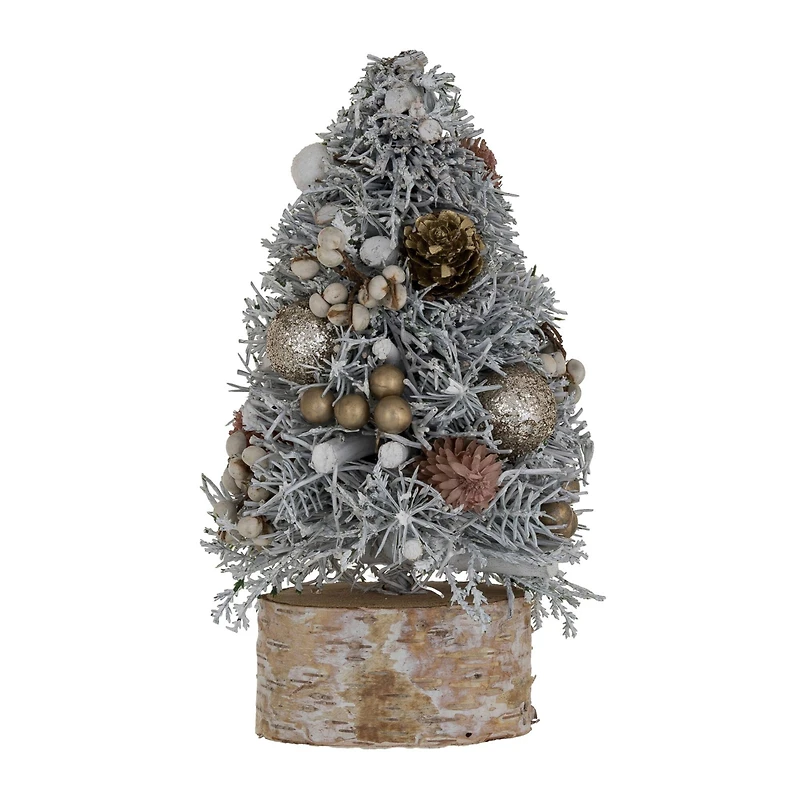 Hello Honey® 9" Frosted Ornaments, Pinecones & Glitter Christmas Tree with Wood Slice Base