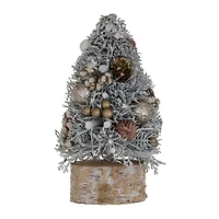 Hello Honey® 9" Frosted Ornaments, Pinecones & Glitter Christmas Tree with Wood Slice Base