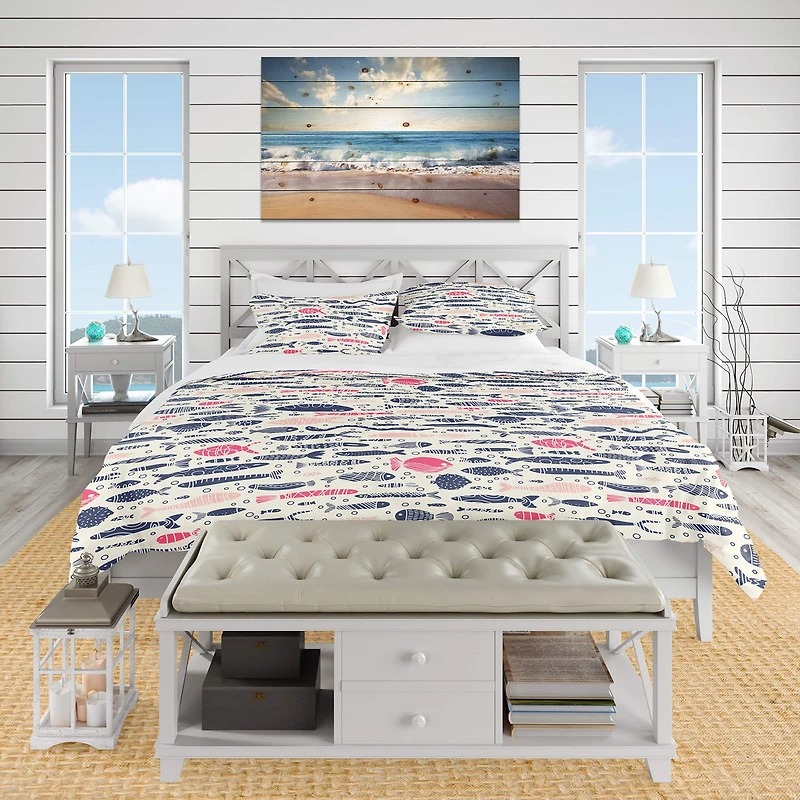 Designart 'Cute Fishes with Doodles' Nautical & Coastal Bedding Set