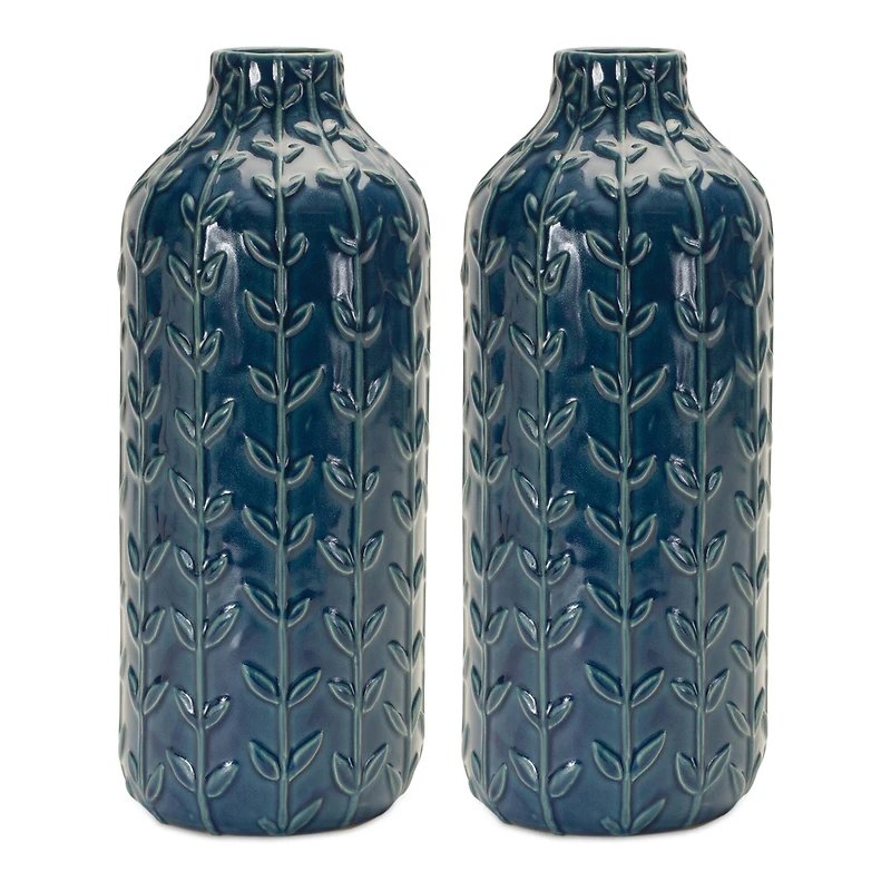 11.25" Blue Ceramic Leaf Pattern Vase, 2ct.