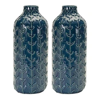 11.25" Blue Ceramic Leaf Pattern Vase, 2ct.
