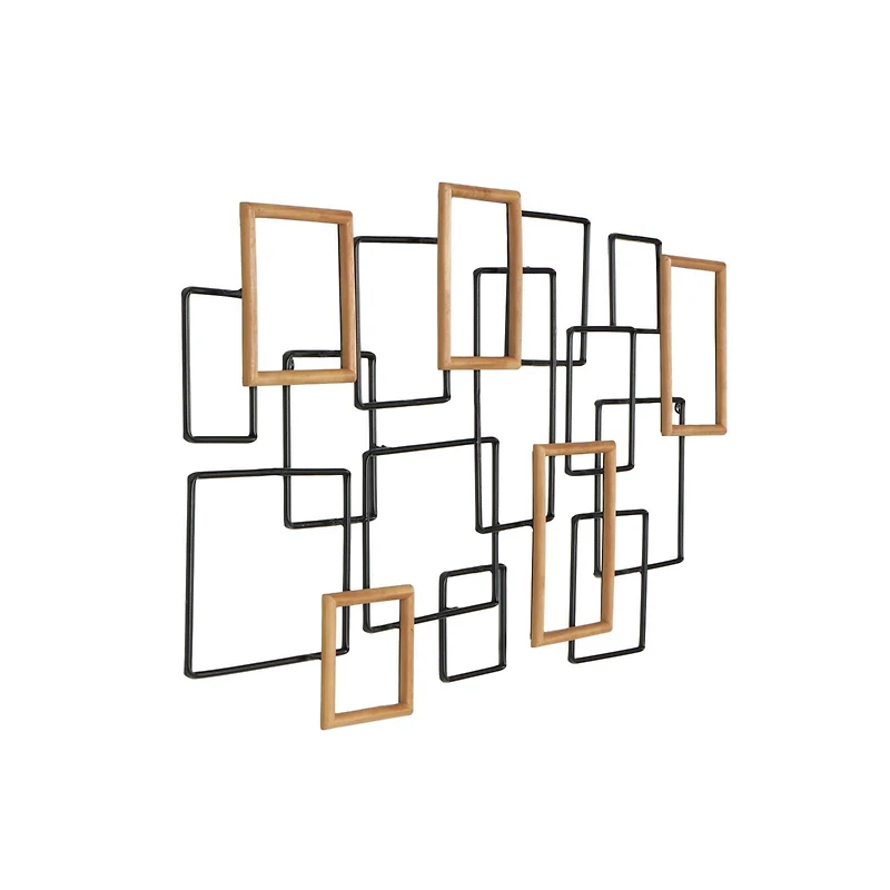 Black Metal Geometric Overlapping Wire Square Wall Décor with Gold Accents