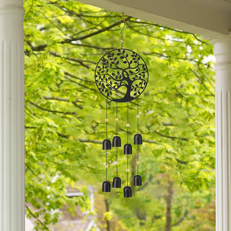 Glitzhome® Matte Black Metal Tree of Life Windchime with Bells