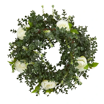 18'' Green & White Eucalyptus with Camellia Wreath