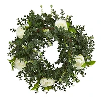18'' Green & White Eucalyptus with Camellia Wreath