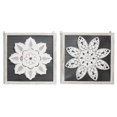 Set of 2 White Wood Traditional Floral Wall Decor, 18" x 18"