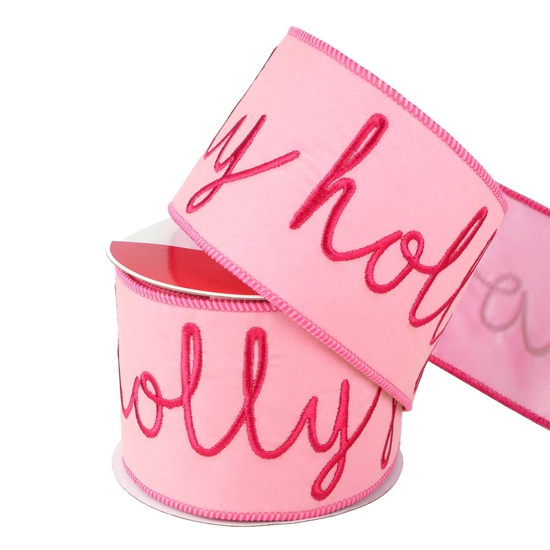 3.5" x 15ft. Pink Holly Jolly Wired Flocked Ribbon by Celebrate It®
