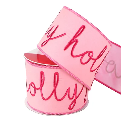 3.5" x 15ft. Pink Holly Jolly Wired Flocked Ribbon by Celebrate It®