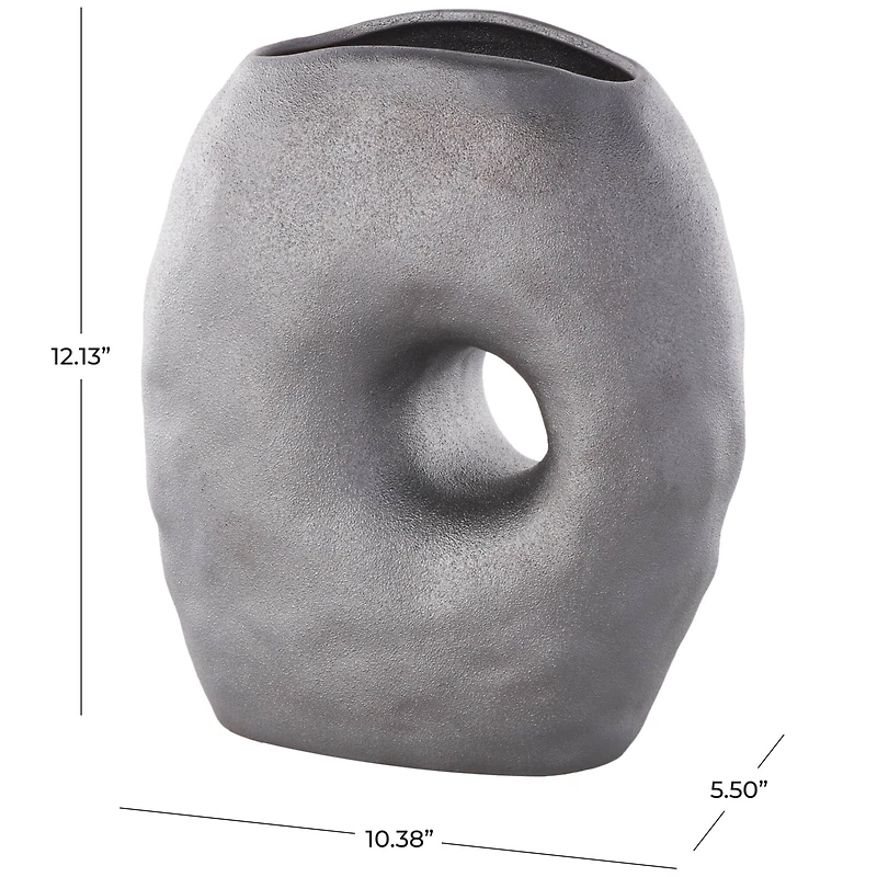 12" Gray Abstract Wavy Donut Ceramic Vase with Cutout Center