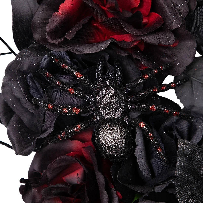 24" Burgundy & Black Roses with Spiders Halloween Wreath